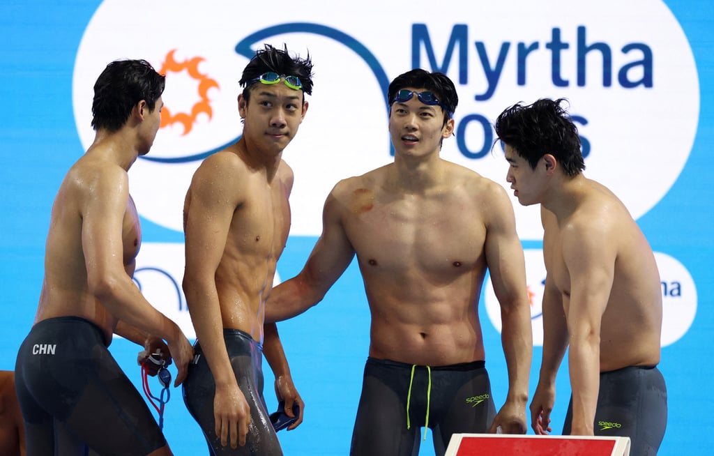 Ji Xinjie, Pan Zhanle, Wang Shun and Zhang Zhanshuo were second in the 4x200m final. Photo: Reuters