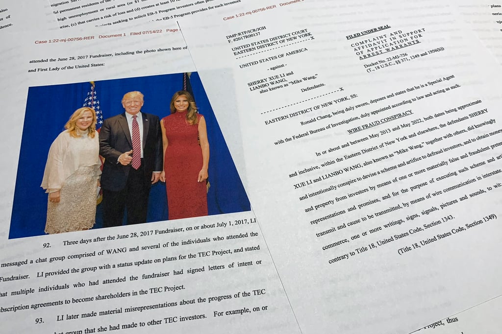 The image of Sherry Li with Donald and Melania Trump in the complaint and affidavit in support of an arrest warrant against her and Lianbo Wang. Photo: US Department of Justice via AP The image of Sherry Li with Donald and Melania Trump in the complaint and affidavit in support of an arrest warrant against her and Lianbo Wang. Photo: US Department of Justice via AP