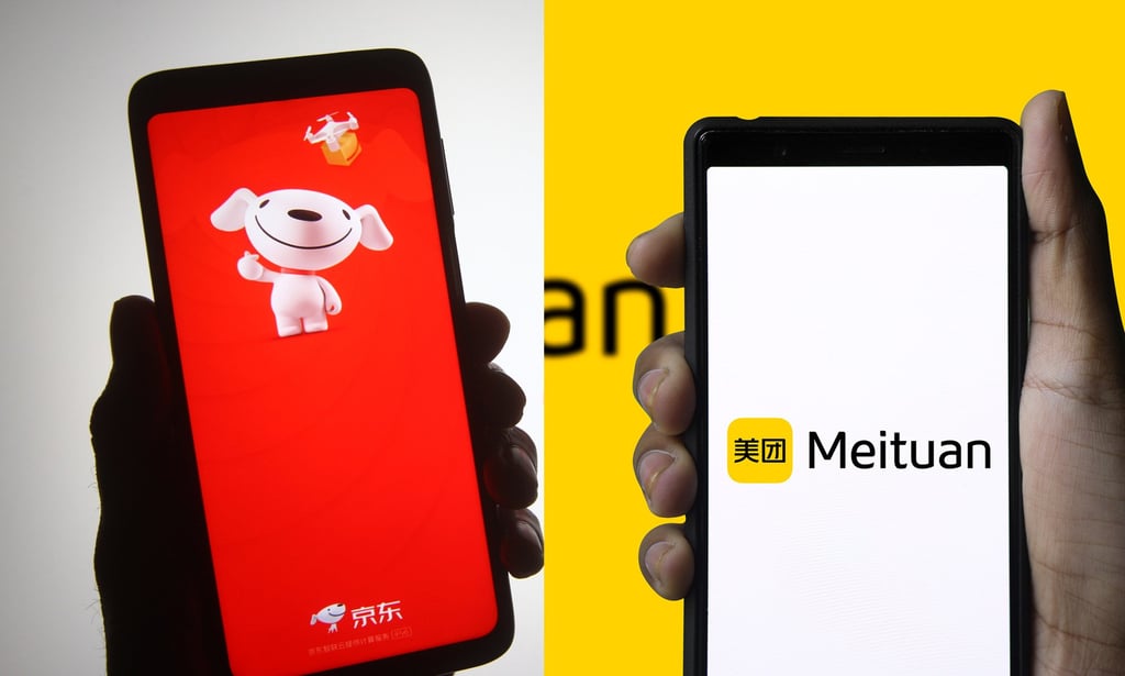 The JD.com (left) and Meituan logos are shown on smartphone screens in this arranged photograph. Photo: Shutterstock Images