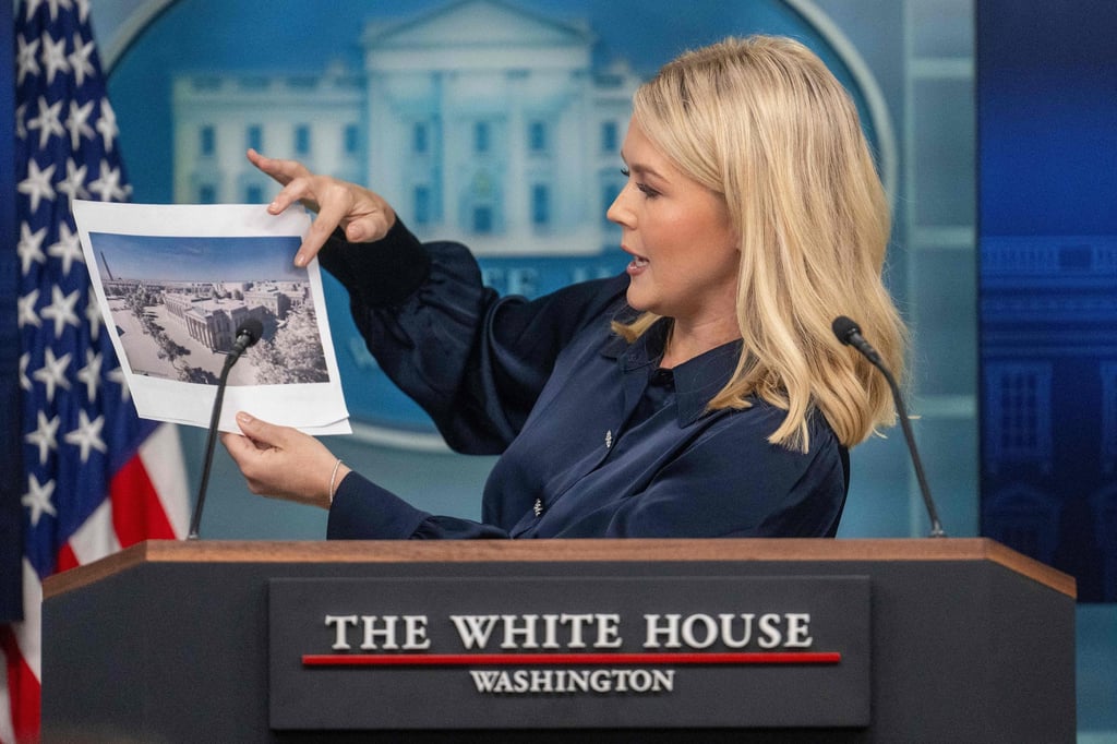 White House press secretary Karoline Leavitt shows a rendering of the proposed White House ballroom. Photo: AFP White House press secretary Karoline Leavitt shows a rendering of the proposed White House ballroom. Photo: AFP