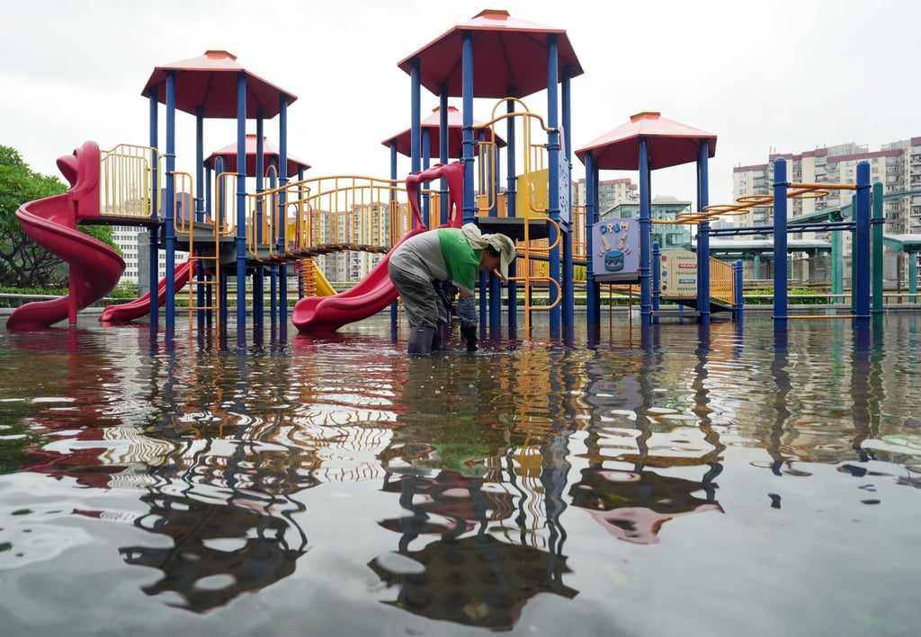 A playground at Lai Chi Kok Park was flooded when Typhoon Wipha hit the city. Photo: Sam Tsang