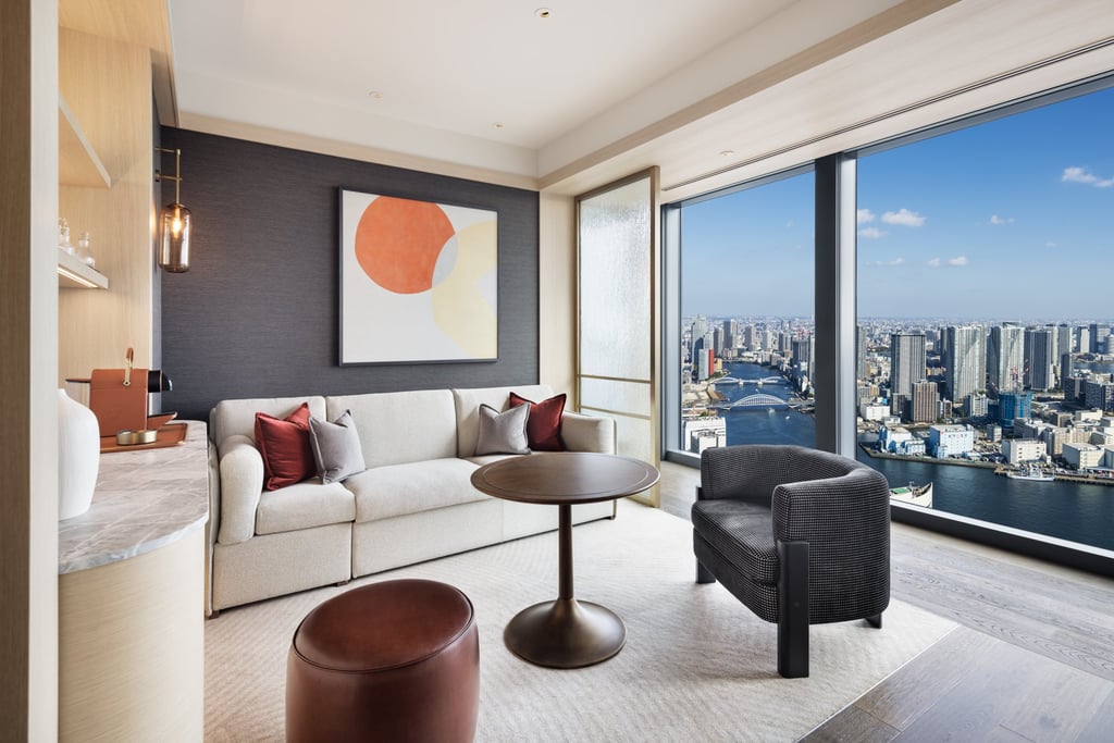 The living room in a suite facing Tokyo Bay. Photo: Handout