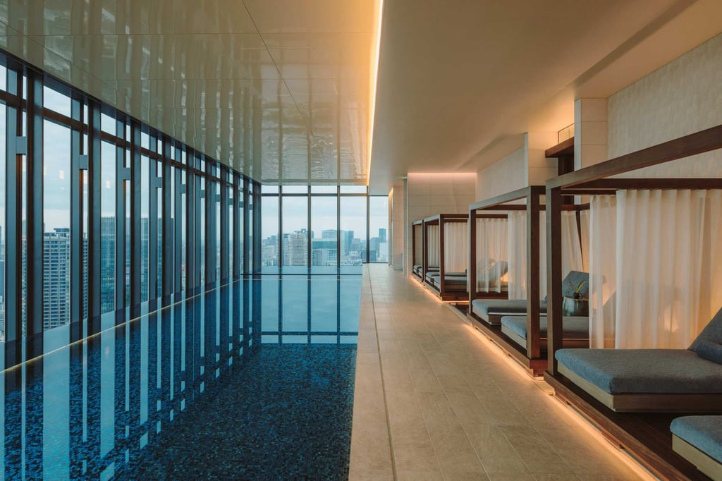 The 20-metre swimming pool overlooks the city’s skyline and Tokyo Bay. Photo: Handout