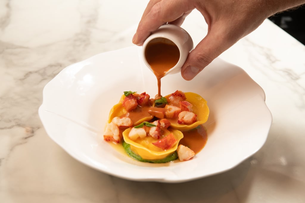 Big raviolo filled with prawn mousse at LucAle in Hong Kong. Photo: Handout
