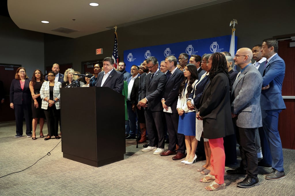 Illinois Governor JB Pritzker at a news conference held by Texas Democratic lawmakers. Photo: Reuters Illinois Governor JB Pritzker at a news conference held by Texas Democratic lawmakers. Photo: Reuters