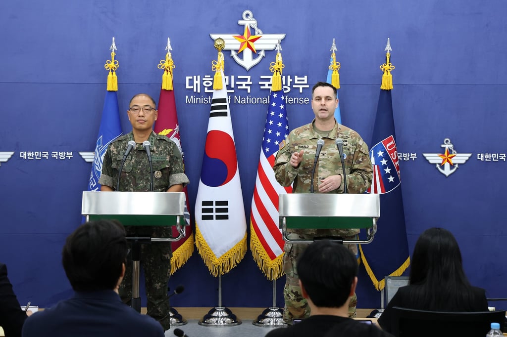 Colonel Lee Sung-jun (left) of South Korea’s Joint Chiefs of Staff and Colonel Ryan Donald of US Forces Korea speak during a press briefing on Thursday. Photo: EPA-EFE Colonel Lee Sung-jun (left) of South Korea’s Joint Chiefs of Staff and Colonel Ryan Donald of US Forces Korea speak during a press briefing on Thursday. Photo: EPA-EFE