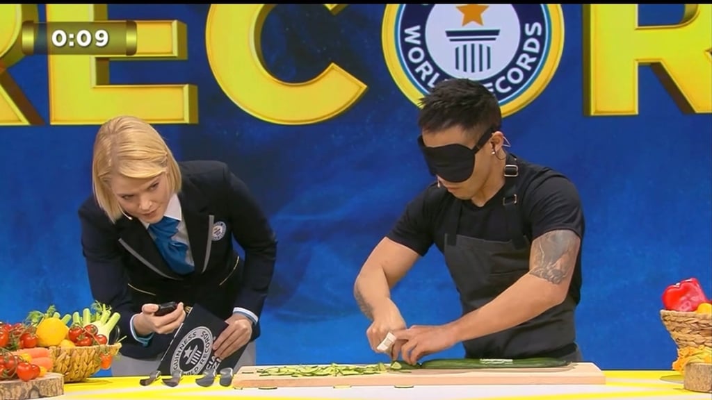 In 2023, Wong set his first Guinness World Record on Lo Show Dei Record by chopping 166 slices of cucumber within 30 seconds while blindfolded. Photo: courtesy of Wallace Wong In 2023, Wong set his first Guinness World Record on Lo Show Dei Record by chopping 166 slices of cucumber within 30 seconds while blindfolded. Photo: courtesy of Wallace Wong