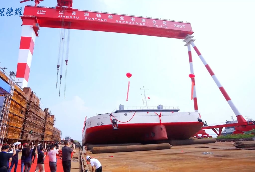 China’s first drone ship for recovering rocket boosters – named the Xingji Guihang, or “Interstellar Return” – is launched in Yangzhou, Jiangsu province. The vessel will play a key role in helping China pivot to using reusable rockets in its space programme. Photo: iSpace