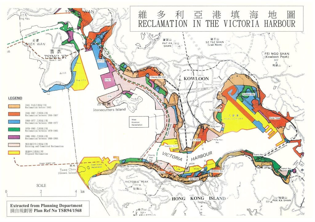 A map provided by the Society for Protection of the Harbour showing reclamation completed through the years and the proposed works by the government in the 2000s. Photo: Society for Protection of the Harbour A map provided by the Society for Protection of the Harbour showing reclamation completed through the years and the proposed works by the government in the 2000s. Photo: Society for Protection of the Harbour