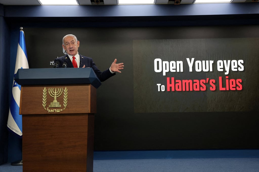 Israeli Prime Minister Benjamin Netanyahu at a press conference in Jerusalem on Sunday. Photo: Reuters