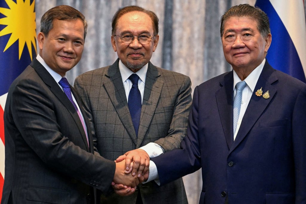 (From left) Cambodia leader Hun Manet, Malaysian PM Anwar Ibrahim and Thailand’s acting prime minister Phumtham Wechayachai in Putrajaya on July 28. Anwar’s leadership has been “instrumental” in facilitating dialogue between Thailand and Cambodia, analysts say. Photo: Pool via Reuters (From left) Cambodia leader Hun Manet, Malaysian PM Anwar Ibrahim and Thailand’s acting prime minister Phumtham Wechayachai in Putrajaya on July 28. Anwar’s leadership has been “instrumental” in facilitating dialogue between Thailand and Cambodia, analysts say. Photo: Pool via Reuters