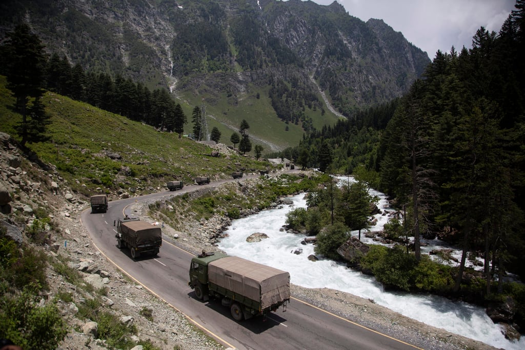 An Indian army convoy moves on the Srinagar-Ladakh highway at Gagangeer, north-east of Srinagar. June 17, 2020. Photo: AP An Indian army convoy moves on the Srinagar-Ladakh highway at Gagangeer, north-east of Srinagar. June 17, 2020. Photo: AP