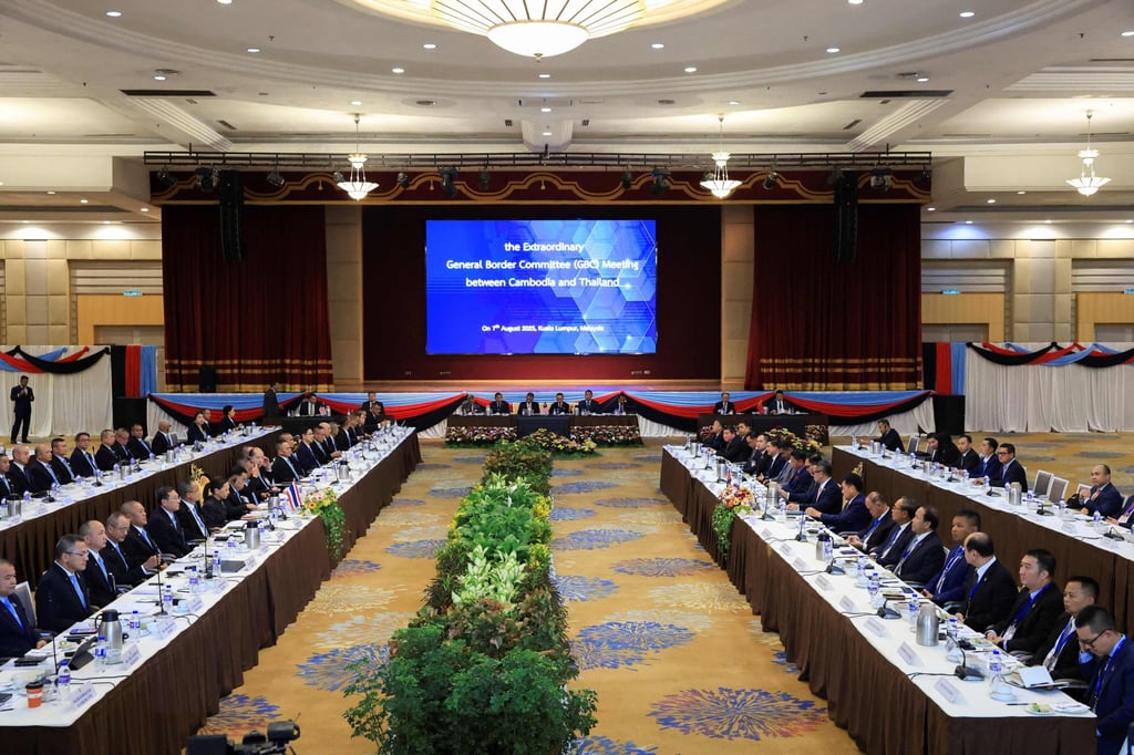 The General Border Committee meeting with Thai and Cambodian delegates to discuss their border dispute, in Kuala Lumpur on August 7. Photo: Pool / AFP The General Border Committee meeting with Thai and Cambodian delegates to discuss their border dispute, in Kuala Lumpur on August 7. Photo: Pool / AFP