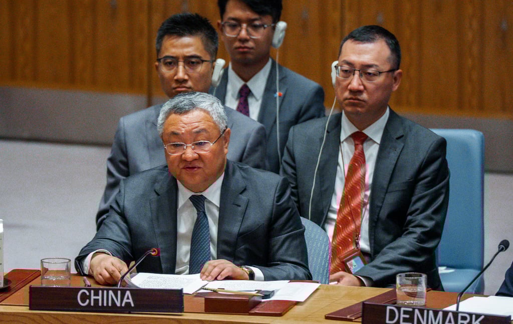China’s ambassador to the United Nations Fu Cong speaks during an emergency US Security Council meeting on Sunday. Photo: EPA