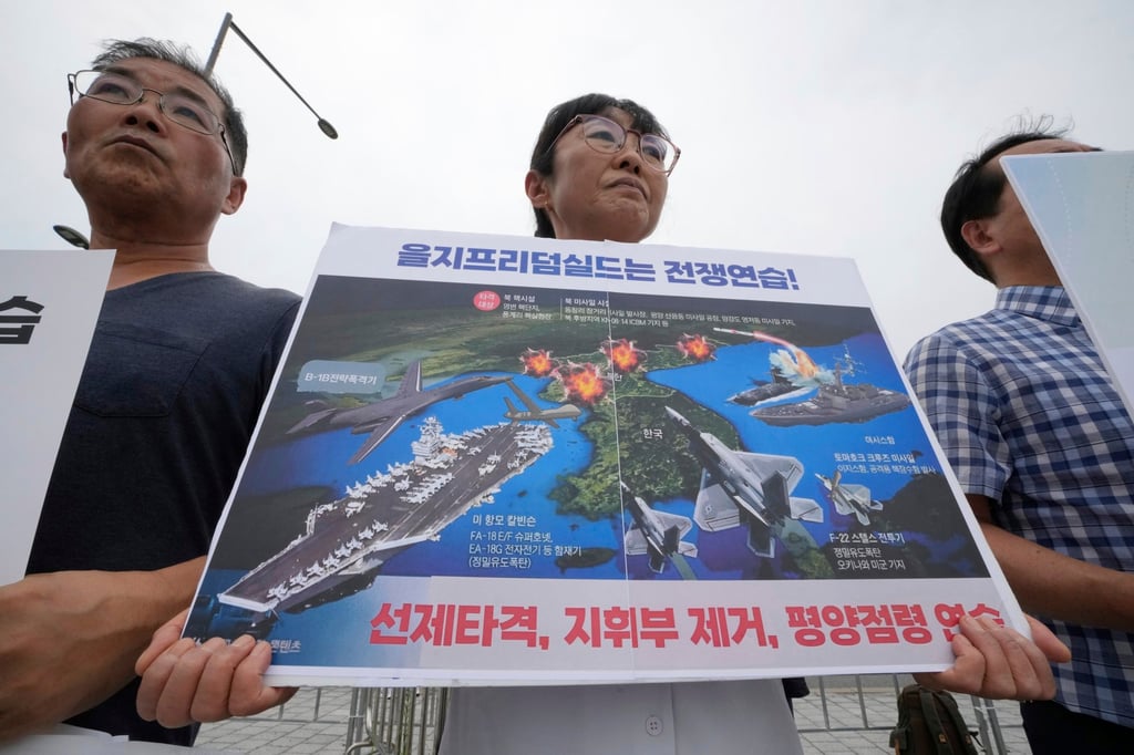 South Korean protesters rally on Monday outside the presidential office in Seoul against this year’s Ulchi Freedom Shield joint military exercise. Photo: AP