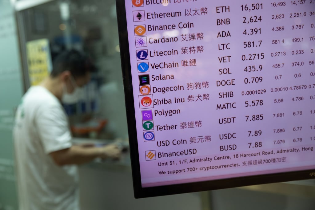 A screen displays the rates of Tether and other cryptocurrencies in Hong Kong in May 2022, after the Luna and TerraUSD crashes that sent crypto markets plummeting. Photo: EPA-EFE