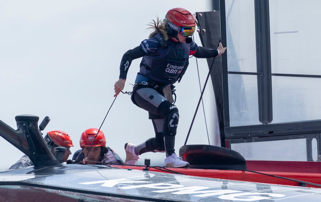 Hannah Mills, strategist for the Emirates Great Britain SailGP team, springs into action at the KPMG Australia Sail Grand Prix. Photo: Handout