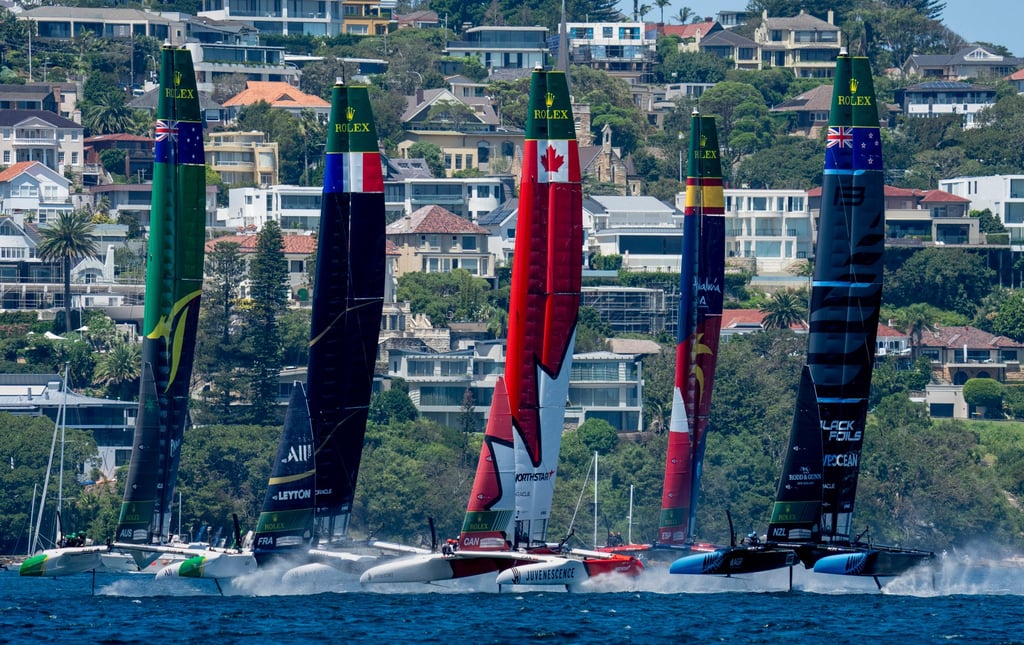 The Australia SailGP team, France SailGP, Canada NorthStar SailGP, Spain SailGP and New Zealand SailGP practise ahead of the KPMG Australia Sail Grand Prix. Photo: Handout