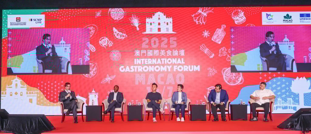 (From left) Douglas Parkes, editor of the South China Morning Post’s 100 Top Tables, moderates a panel discussion on the history and legacy of spices featuring Dr David Wiley, lecturer at the Macao University of Tourism, Vicky Cheng, chef and owner of Hong Kong restaurants Vea and Wing, Chonlathip “Bowling” Rayamas, a Thai food influencer, Hironori Maeda, executive chef of Mizumi at Wynn Palace in Macau, and Murat Kara, chef de cuisine at Grand Lisboa Palace Resort Macau. (From left) Douglas Parkes, editor of the South China Morning Post’s 100 Top Tables, moderates a panel discussion on the history and legacy of spices featuring Dr David Wiley, lecturer at the Macao University of Tourism, Vicky Cheng, chef and owner of Hong Kong restaurants Vea and Wing, Chonlathip “Bowling” Rayamas, a Thai food influencer, Hironori Maeda, executive chef of Mizumi at Wynn Palace in Macau, and Murat Kara, chef de cuisine at Grand Lisboa Palace Resort Macau.