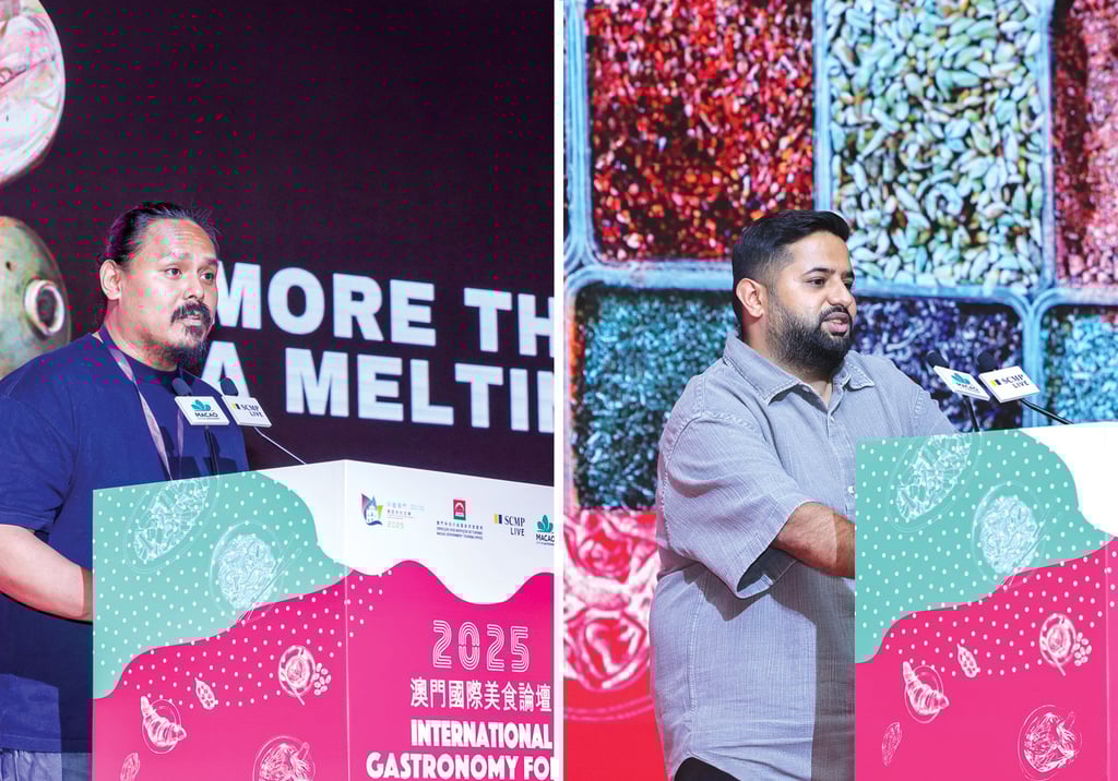 Jordy Navarra (left), chef and owner of Toyo Eatery in Manila, and Varun Totlani, head chef of Masque restaurant in Mumbai, give keynote speeches at the forum addressing the event’s theme of “The Spice of Life: Macao’s Culinary Connections”. Jordy Navarra (left), chef and owner of Toyo Eatery in Manila, and Varun Totlani, head chef of Masque restaurant in Mumbai, give keynote speeches at the forum addressing the event’s theme of “The Spice of Life: Macao’s Culinary Connections”.