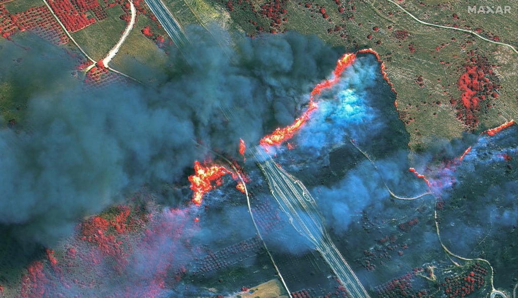Wildfires are seen in the Epirus region of Greece on Wednesday. Image: Maxar Technologies via AFP