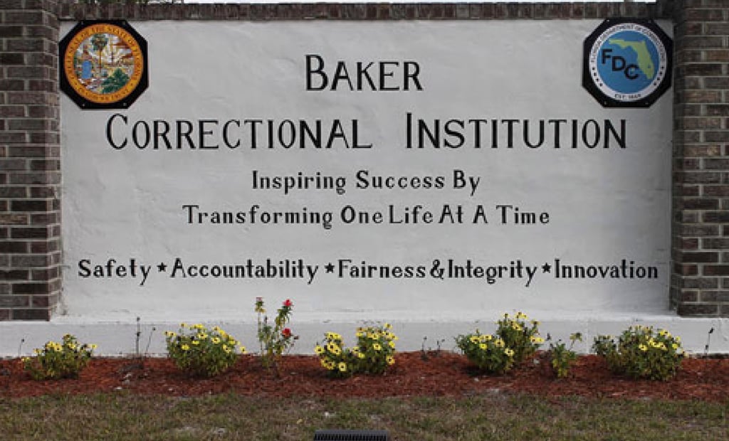 Signage for the Baker Correctional Institution is seen west of downtown Jacksonville, Florida. Photo: Florida Department of Corrections via AP