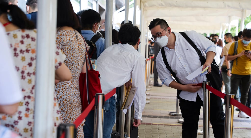 Long queue of buyers of Villa Garda II flats in Tseung Kwan O at the sales office of Sino Group at Empire Centre in Tsim Sha Tsui on July 17, 2022. Photo: Edmond So