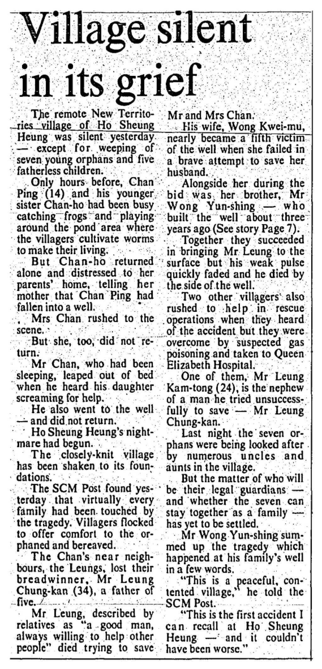“The remote village of Ho Sheung Heung was silent yesterday – except for the weeping of seven young orphans and five fatherless children,” reported the South China Morning Post on August 8, 1981. Photo: SCMP Archives