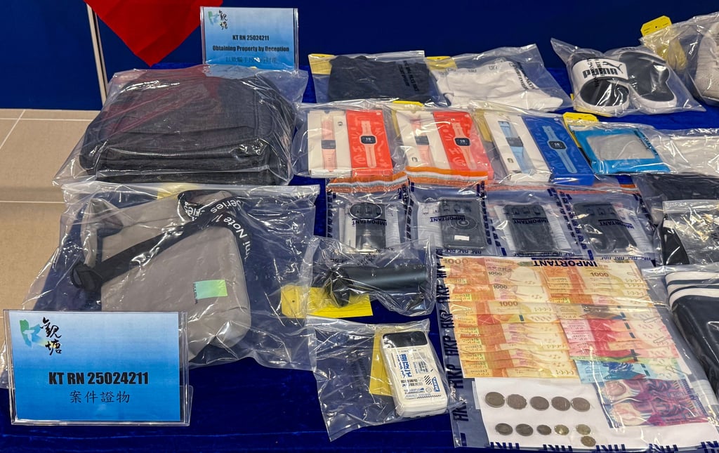 Police display items linked to the “guess who I am” phone scam cases. Photo: Handout