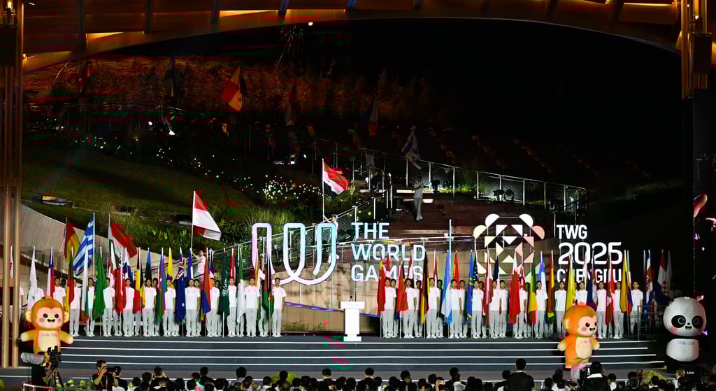 The march-in of flags during the closing ceremony of the World Games 2025 on Sunday. Photo: Xinhua