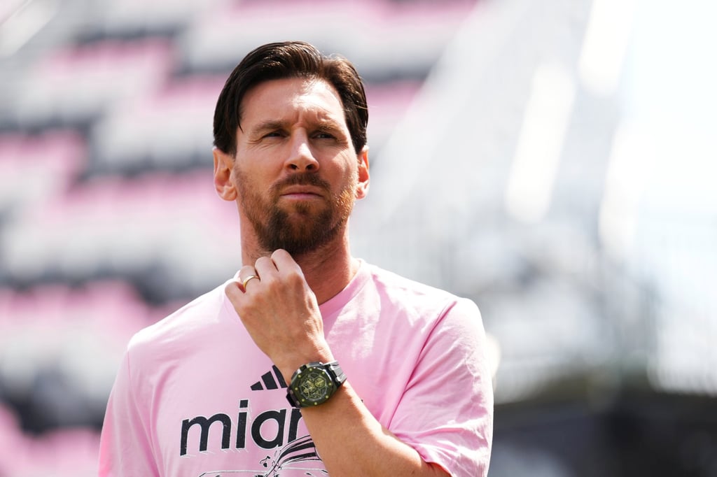 Lionel Messi arrives before an Inter Miami match, wearing his Audemars Piguet Royal Oak Offshore Selfwinding Tourbillon Chronograph, in March, in Florida. Photo: Getty Images
