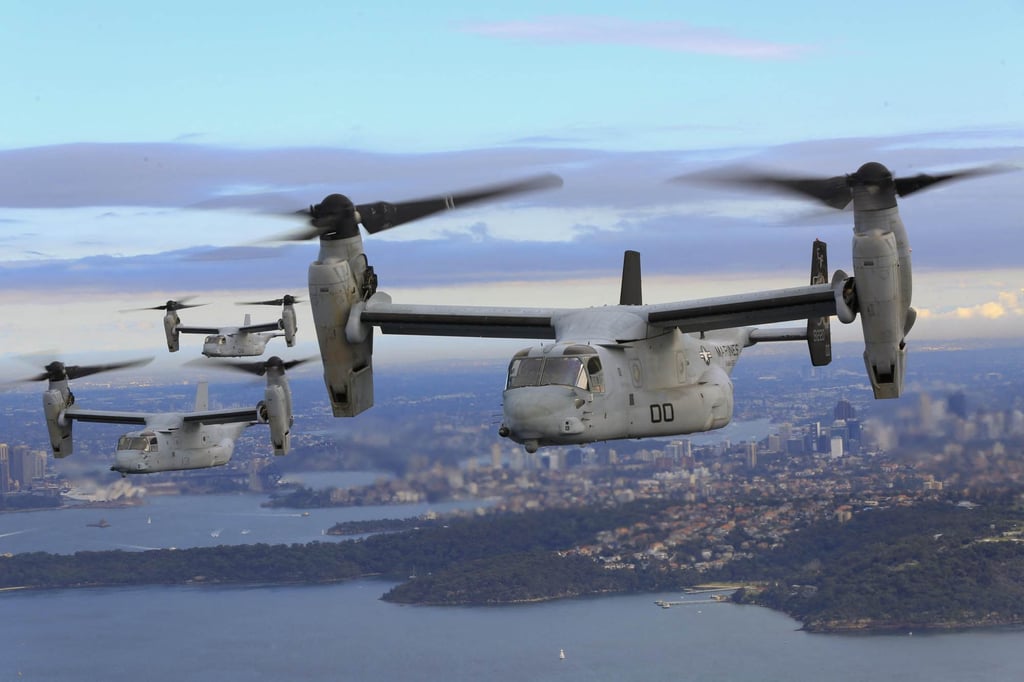 US Marine Corps MV-22B Osprey tilt-rotor aircraft pictured flying over the Pacific Ocean near Sydney in 2017. Photo: AFP