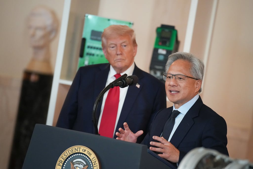 US President Donald Trump and Nvidia CEO Jensen Huang speak at the White House during an event in April. Photo: Getty Images/TNS