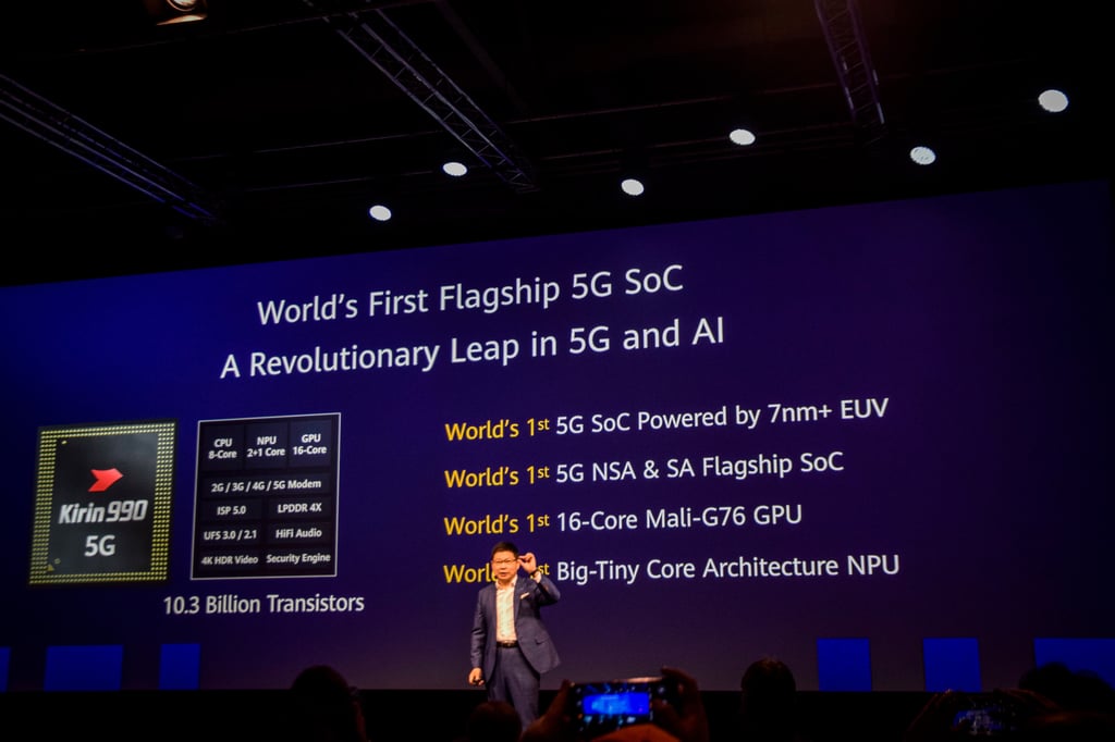 Huawei Technologies’ Richard Yu Chengdong presents the Kirin 990 5G system-on-a-chip at the IFA industrial trade show in Berlin on September 6, 2019. Photo: Shutterstock Huawei Technologies’ Richard Yu Chengdong presents the Kirin 990 5G system-on-a-chip at the IFA industrial trade show in Berlin on September 6, 2019. Photo: Shutterstock