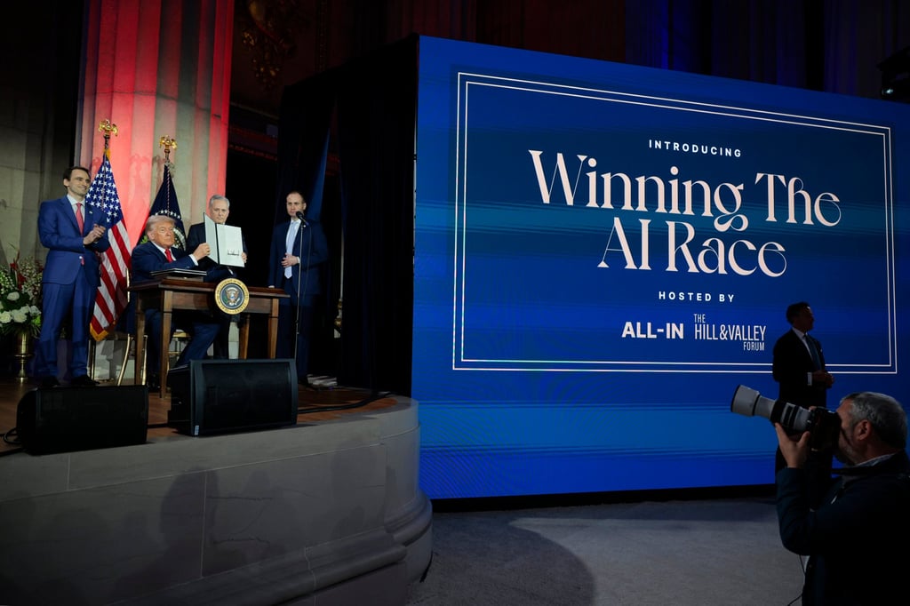 President Donald Trump signed the executive order related to his Artificial Intelligence Action Plan during the Winning the AI Race summit held in Washington DC, in July. Photo: Getty Images