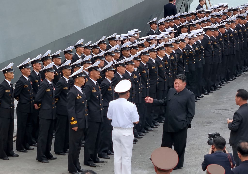 North Korean leader Kim Jong Un inspects naval officers during an inspection of a new warship on Monday. Photo: Korean Central News Agency/Korea News Service/AP North Korean leader Kim Jong Un inspects naval officers during an inspection of a new warship on Monday. Photo: Korean Central News Agency/Korea News Service/AP