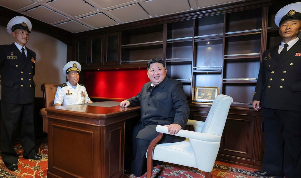 North Korean leader Kim Jong-un (centre) inspects the warship Choe Hyon in Nampo, North Korea, on Monday. Photo: KCNA/AP