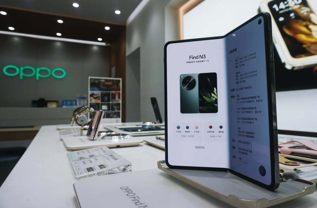 An Oppo foldable phone at a store in Hangzhou, China. Photo: CFOTO/Future Publishing via Getty Images An Oppo foldable phone at a store in Hangzhou, China. Photo: CFOTO/Future Publishing via Getty Images