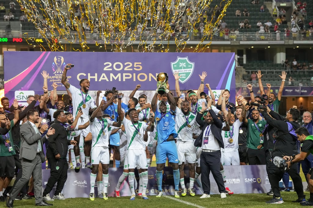 The Saudi Super Cup trophy is lifted by winners Al-Ahli. Photo: Elson Li The Saudi Super Cup trophy is lifted by winners Al-Ahli. Photo: Elson Li