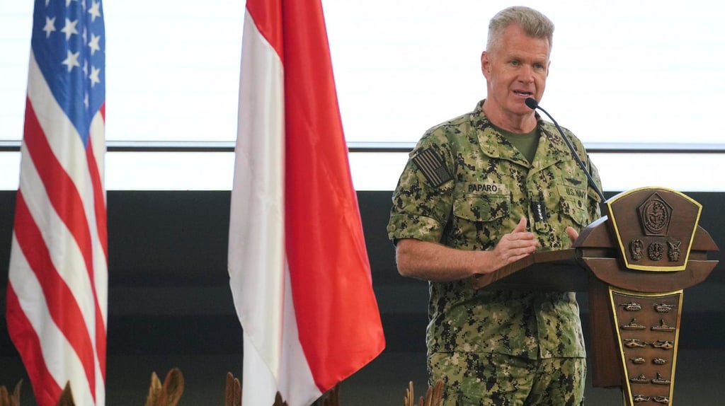US Indo-Pacific Commander Samuel Paparo delivers a speech during the “Super Garuda Shield” launch on Monday. Photo: AP US Indo-Pacific Commander Samuel Paparo delivers a speech during the “Super Garuda Shield” launch on Monday. Photo: AP