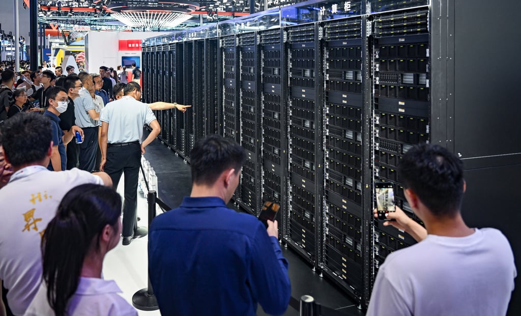 Visitors learn about Huawei’s Ascend AI chip-based CloudMatrix 384 at the World AI Conference in Shanghai, July 27, 2025. Photo: Xinhua Visitors learn about Huawei’s Ascend AI chip-based CloudMatrix 384 at the World AI Conference in Shanghai, July 27, 2025. Photo: Xinhua