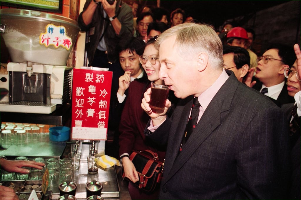 Hong Kong’s last governor Chris Patten sipping herbal tea at a shop in Central, in 1993. Photo: SCMP Archives Hong Kong’s last governor Chris Patten sipping herbal tea at a shop in Central, in 1993. Photo: SCMP Archives