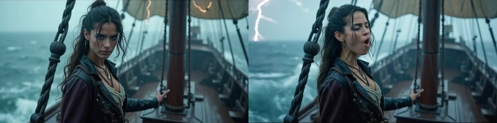 A sample video generated via Wan2.2-S2V shows a female singing on an old vessel sailing through rough waves and stormy weather. Photo: Handout
