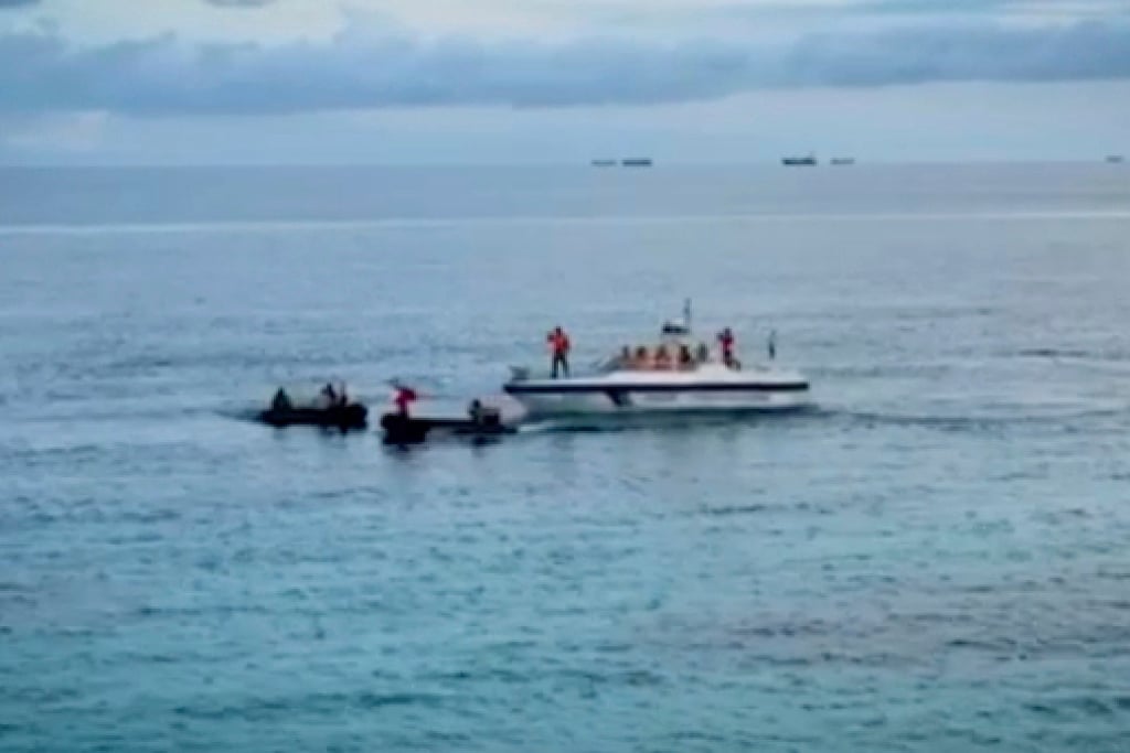 Two Philippine inflatables block the attempt of a Chinese coastguard small boat to go near the long-grounded Philippine warship BRP Sierra Madre on August 20. Photo: Armed Forces of the Philippines/AP Two Philippine inflatables block the attempt of a Chinese coastguard small boat to go near the long-grounded Philippine warship BRP Sierra Madre on August 20. Photo: Armed Forces of the Philippines/AP