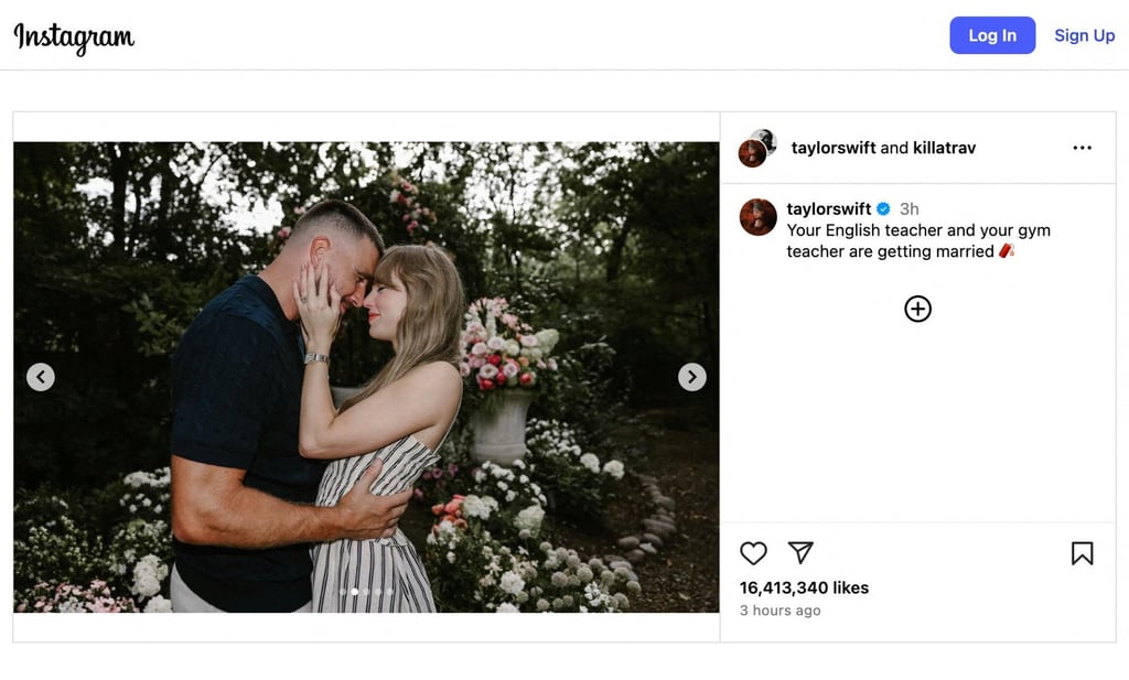 Photos showed the American couple in a garden of pink and white flowers. Photo: Taylor Swift via Instagram/Reuters