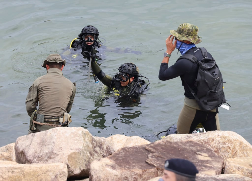 Police recover knives from the sea off Bayview Garden in Tsuen Wan. Photo: Jelly Tse Police recover knives from the sea off Bayview Garden in Tsuen Wan. Photo: Jelly Tse