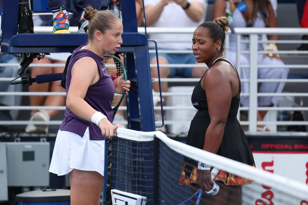 Ostapenko and Townsend argued at the net shortly after match point. Photo: AFP) Ostapenko and Townsend argued at the net shortly after match point. Photo: AFP)