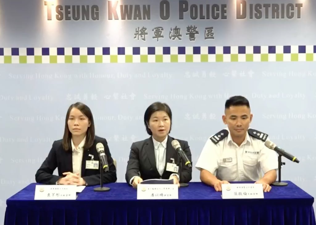 Officers from Tseung Kwan O district’s intelligence section have urged greater caution when buying items of unknown origin online, with thieves posting items on shopping platforms before stealing them. Photo: Handout Officers from Tseung Kwan O district’s intelligence section have urged greater caution when buying items of unknown origin online, with thieves posting items on shopping platforms before stealing them. Photo: Handout