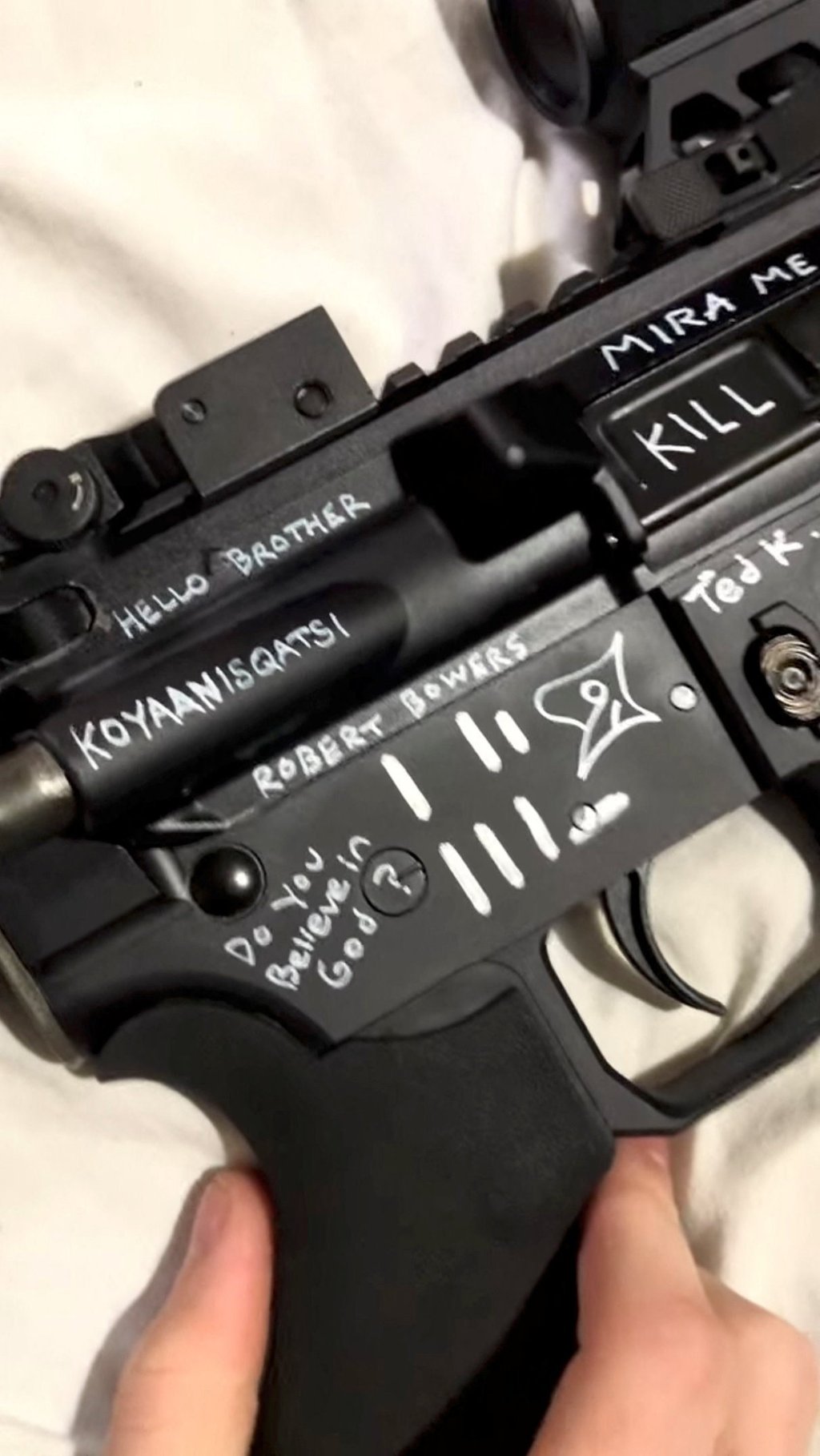 A rifle adorned with the name of Robert Bowers, who killed 11 people and wounded six at a Pittsburgh synagogue in 2018, in a still image from an undated video posted online by Robin Westman. Photo: Robin Westman/YouTube via Reuters A rifle adorned with the name of Robert Bowers, who killed 11 people and wounded six at a Pittsburgh synagogue in 2018, in a still image from an undated video posted online by Robin Westman. Photo: Robin Westman/YouTube via Reuters