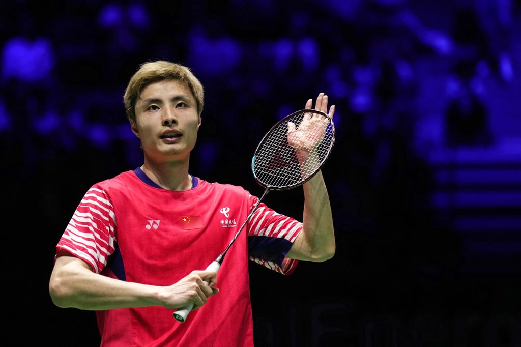 China’s Shi Yuqi celebrates after beating compatriot Weng Hongyang in Paris. Photo: AFP